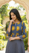 Printed Cotton Kurti Pant with Foil Mirror & Tassels Detailing - Blue