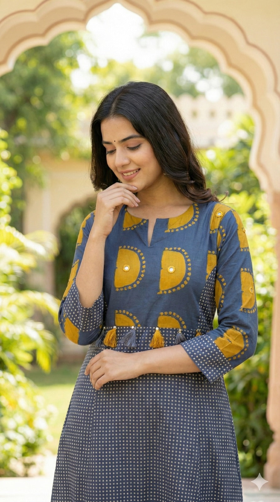 Printed Cotton Kurti Pant with Foil Mirror & Tassels Detailing - Blue