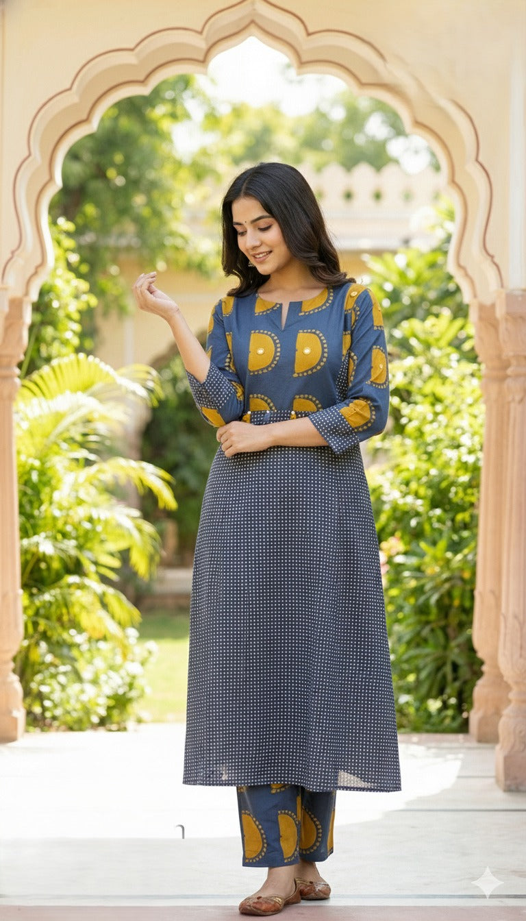 Printed Cotton Kurti Pant with Foil Mirror & Tassels Detailing - Blue