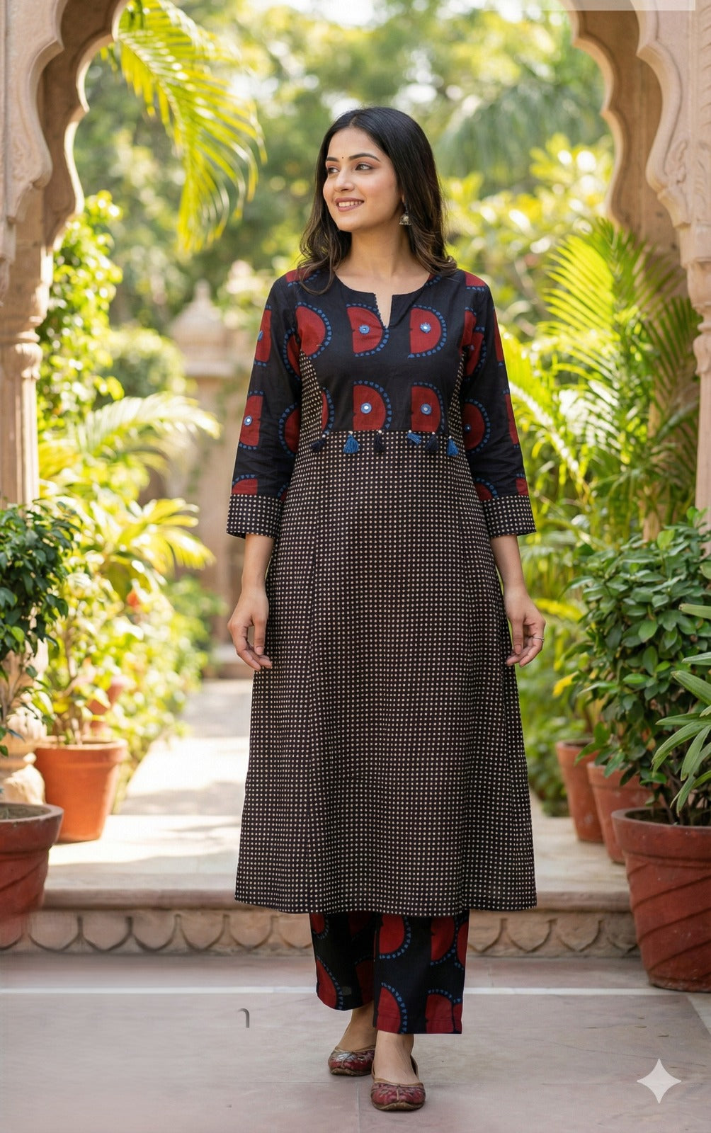 Printed Cotton Kurti Pant with Foil Mirror & Tassels Detailing - Black