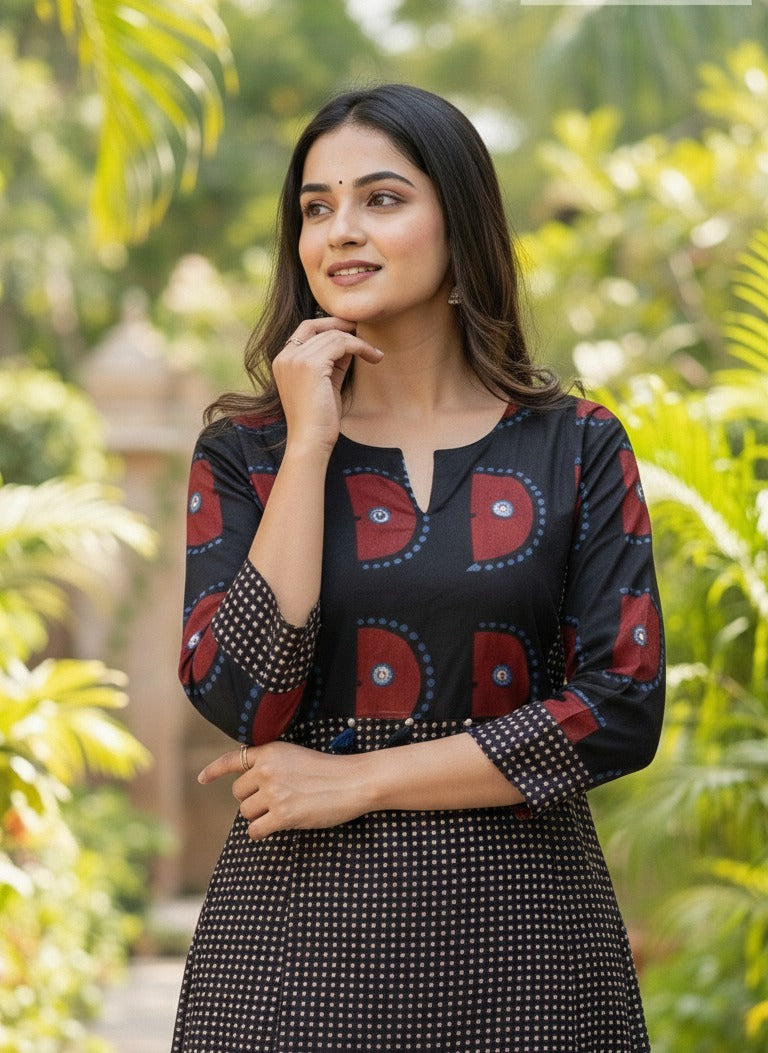 Printed Cotton Kurti Pant with Foil Mirror & Tassels Detailing - Black