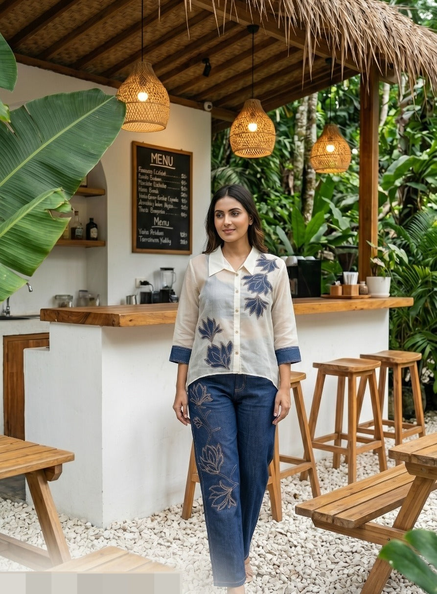 Appliqued PV High Waisted Pants & Inners with Appliqued Sheer Shirt