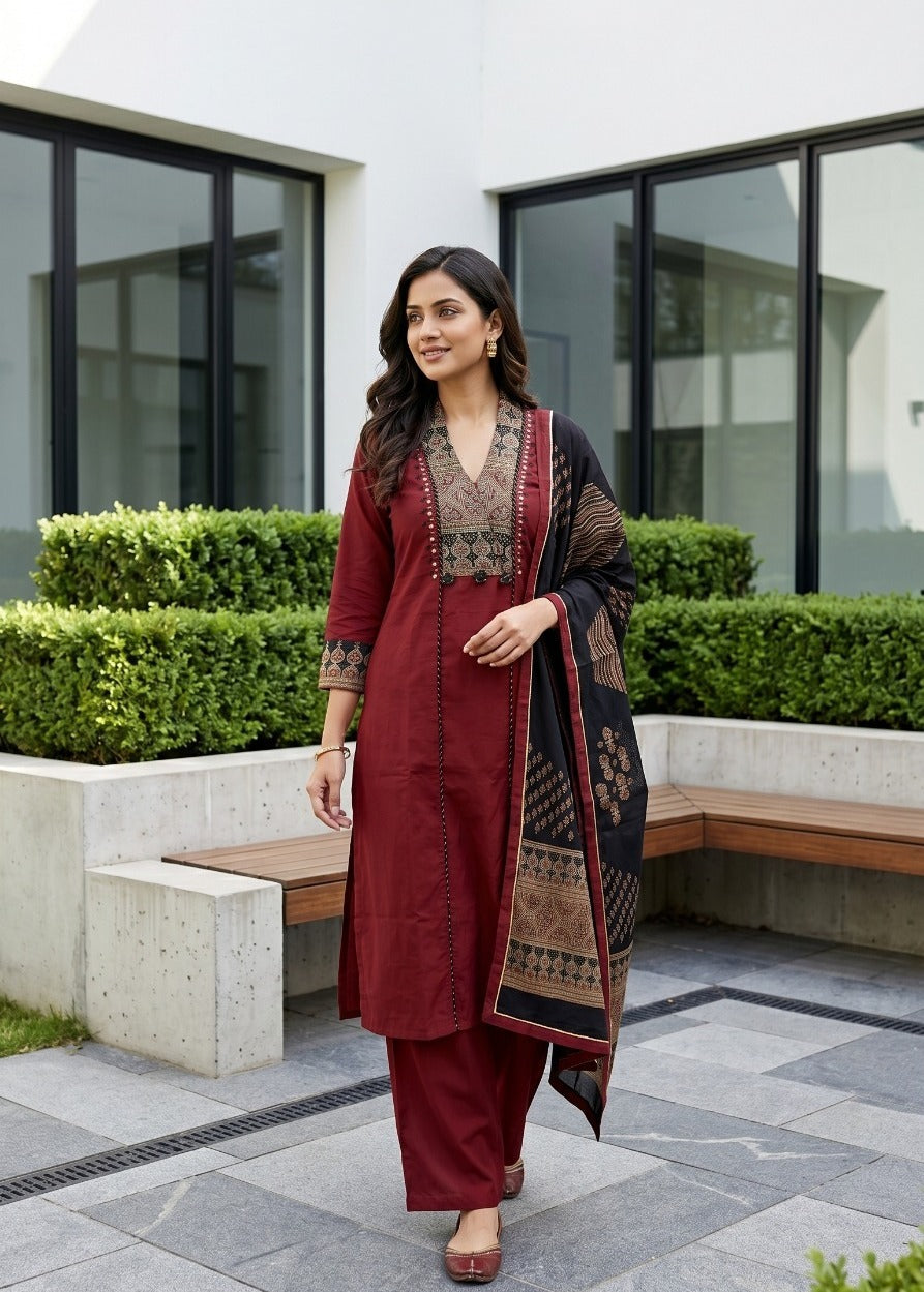 Printed Cotton with Mirror & Sequence Work SKD
