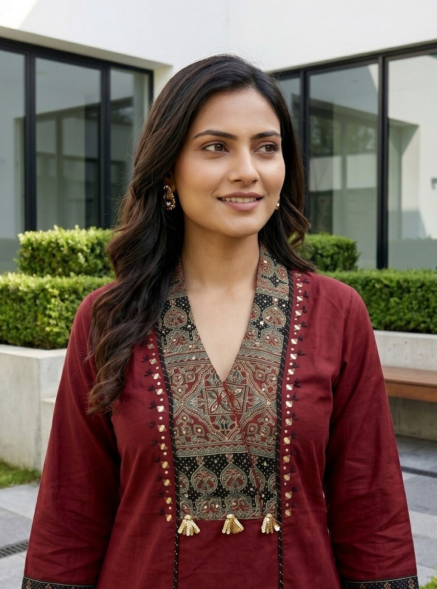 Printed Cotton with Mirror & Sequence Work SKD