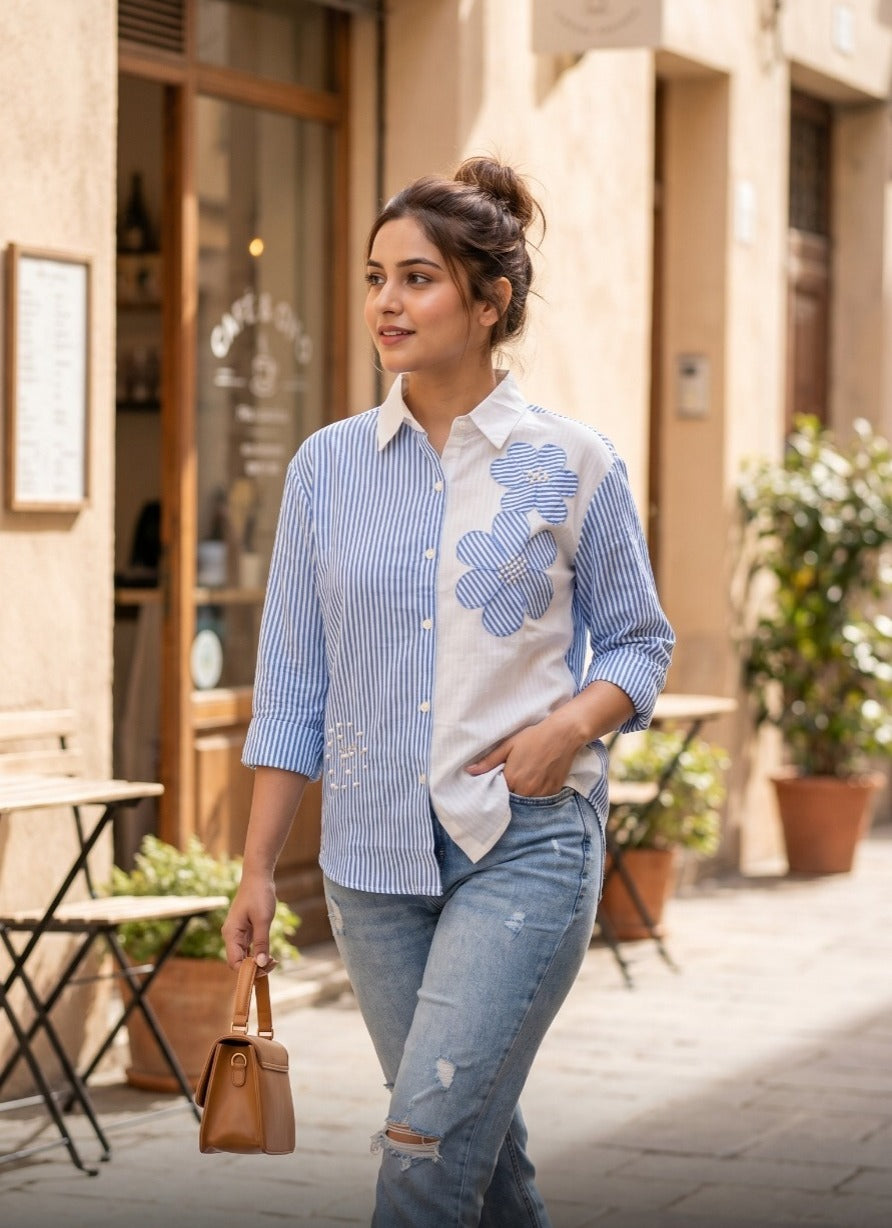 Applique & Pearl Touching Linen Shirt