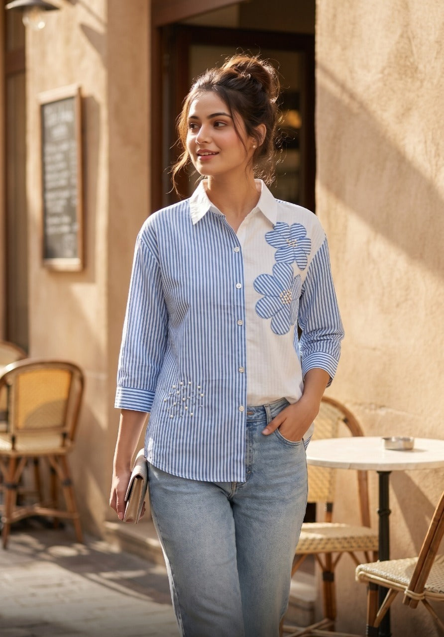 Applique & Pearl Touching Linen Shirt