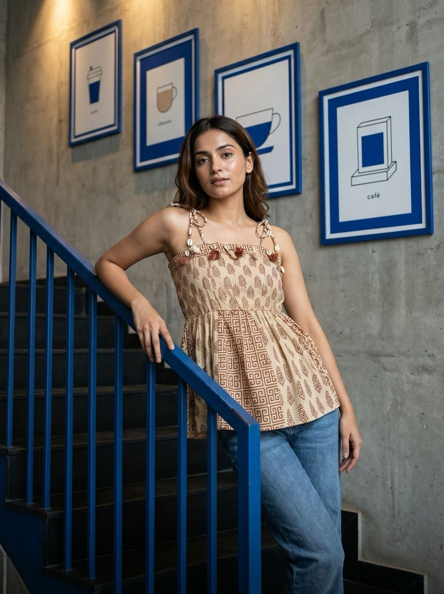 Printed Cotton Peplum Top