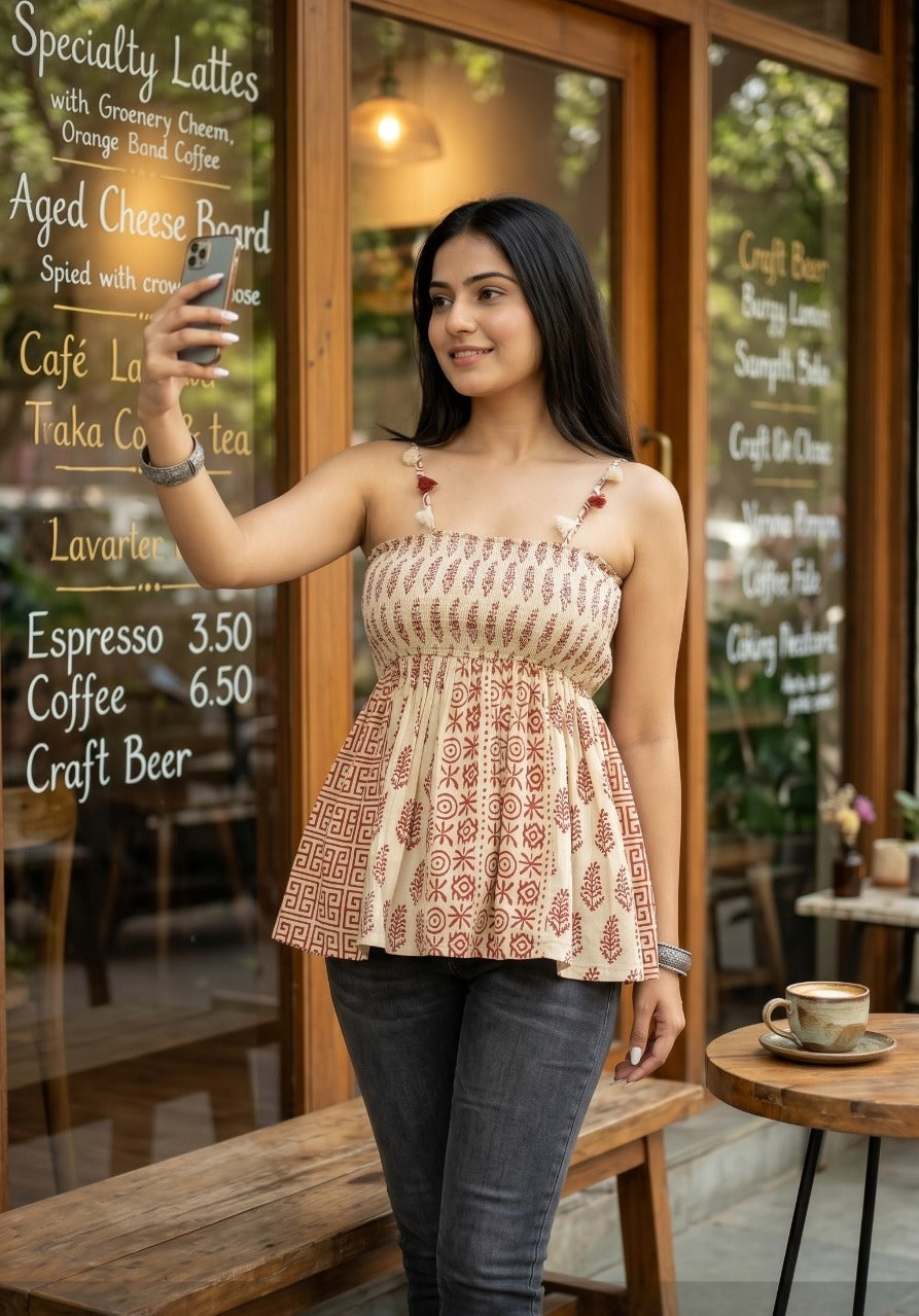 Printed Cotton Peplum Top
