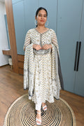 Ivory Floral Printed Cotton Anarkali Suit Set with Dupatta