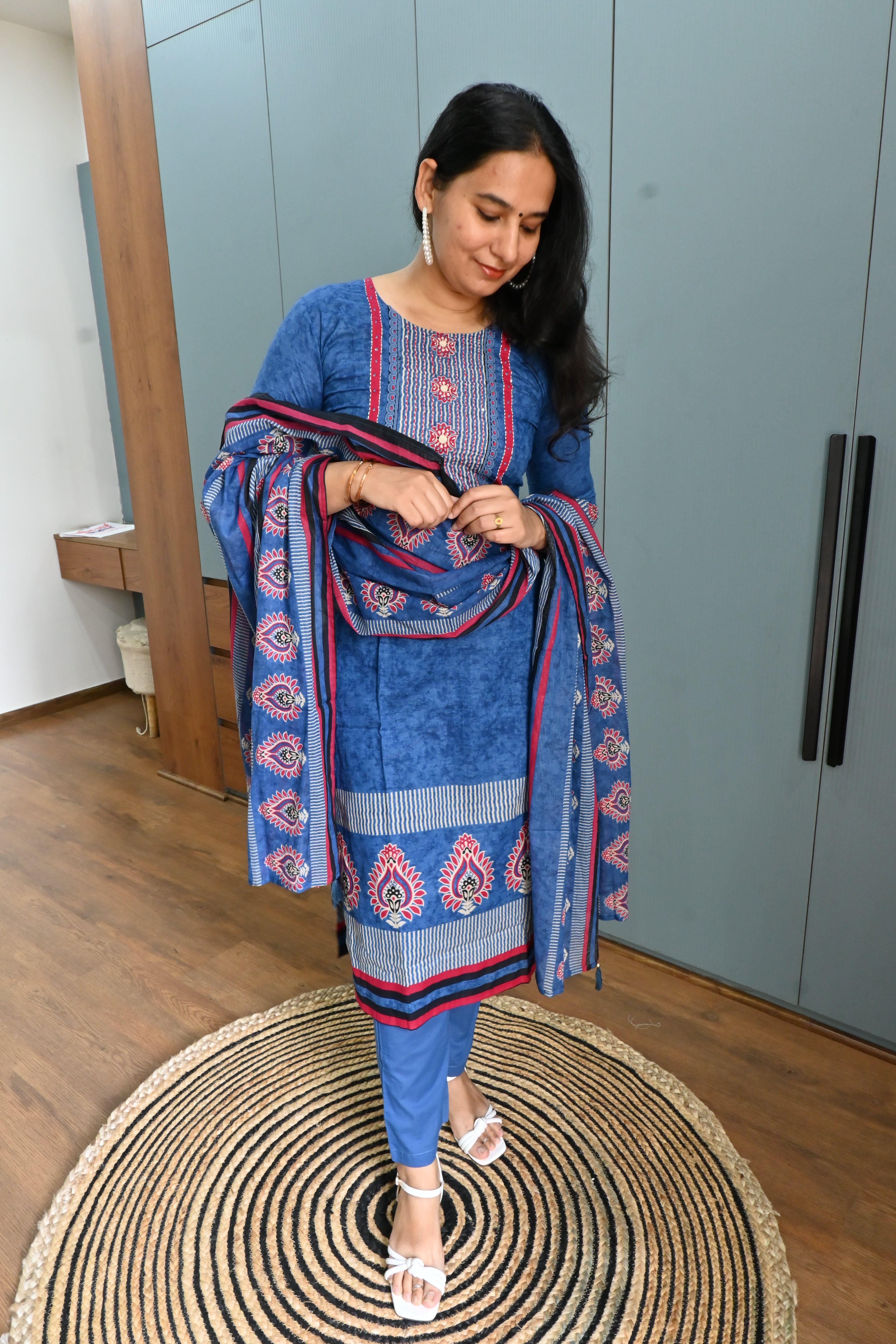 Blue Bloom Cotton Kurta Set With Dupatta