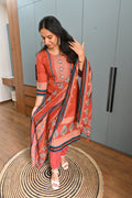 Rust Bloom Cotton Kurta Set With Dupatta