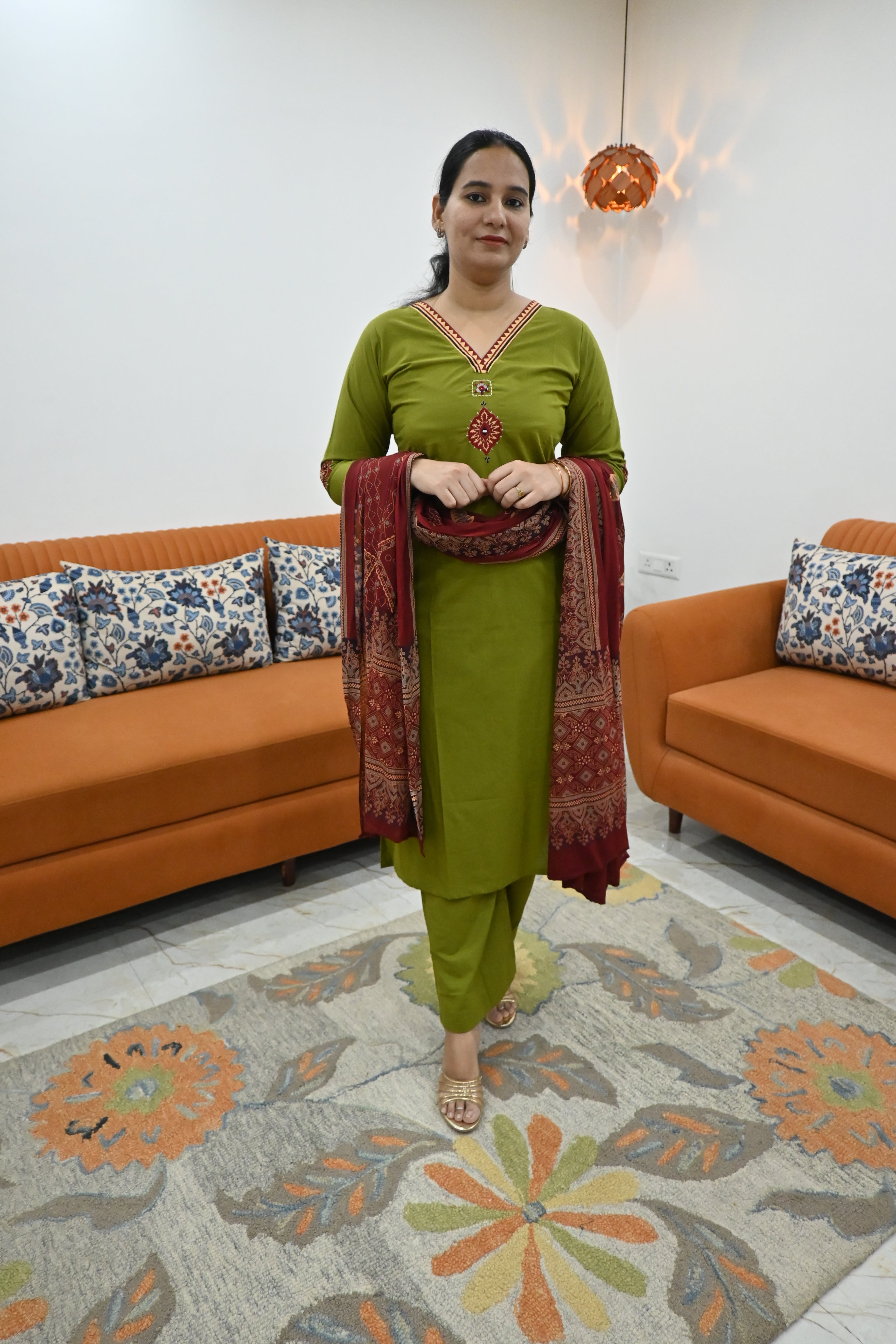 Olive Green Embroidered Kurta Set