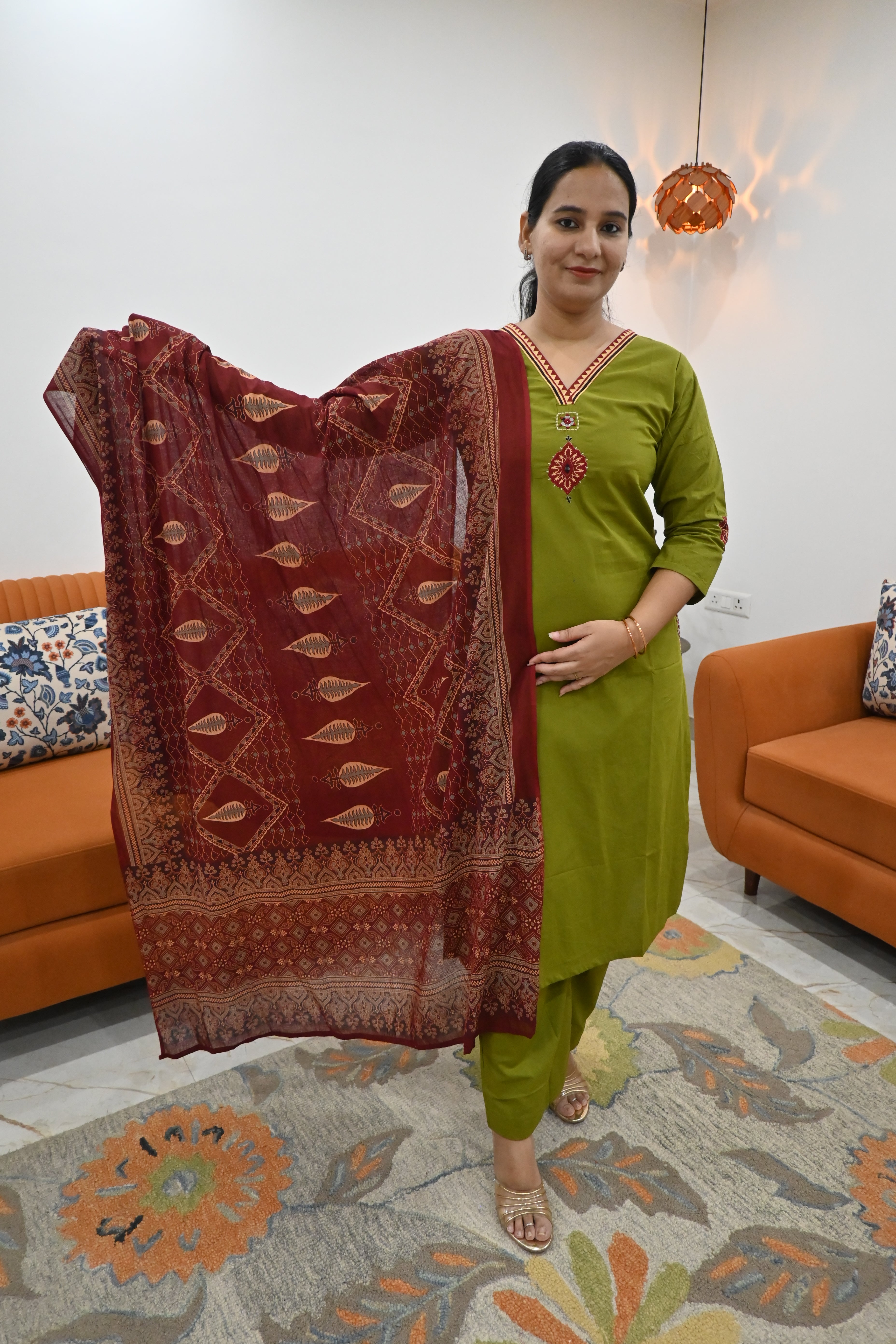 Olive Green Embroidered Kurta Set