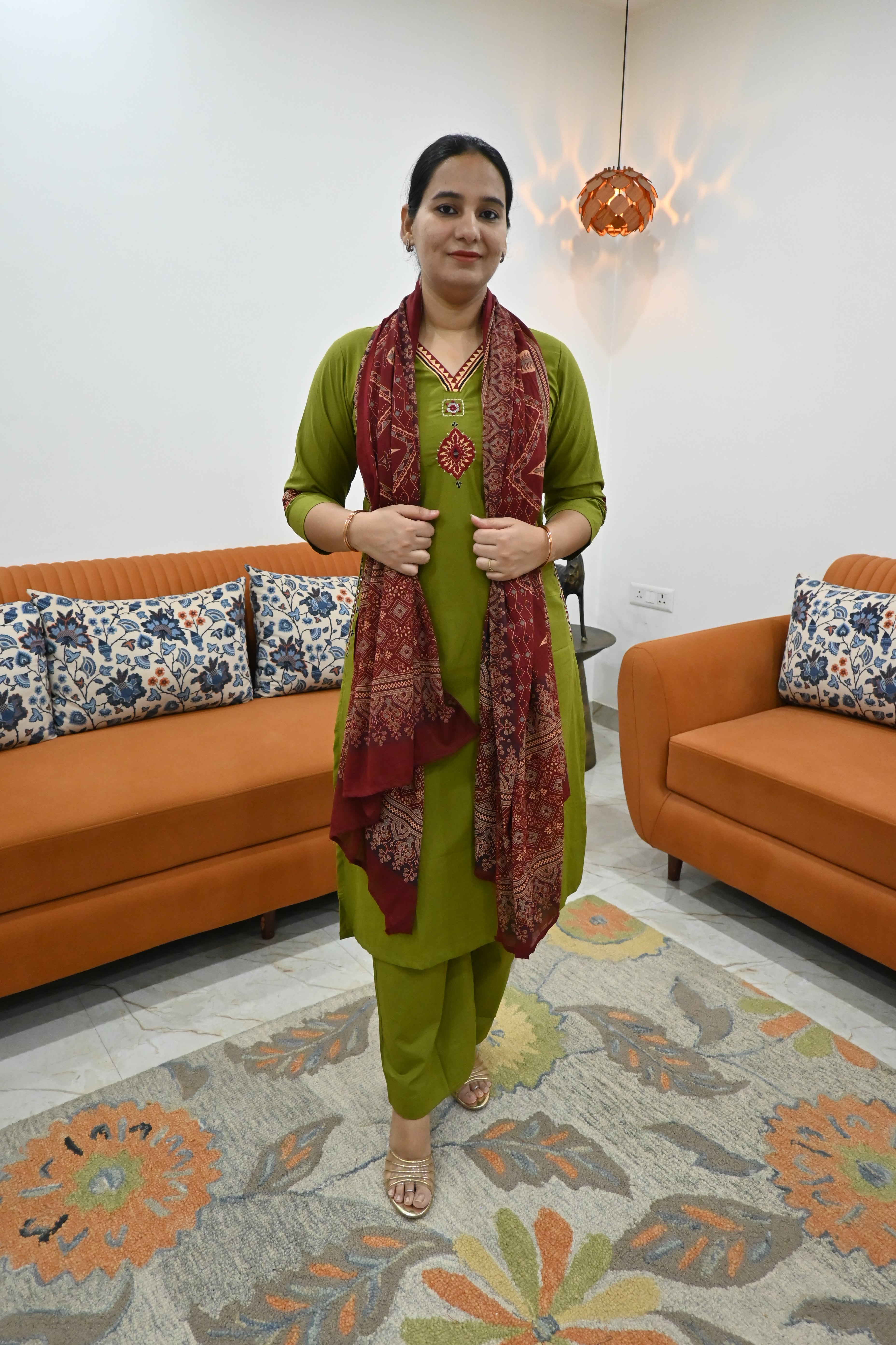 Olive Green Embroidered Kurta Set