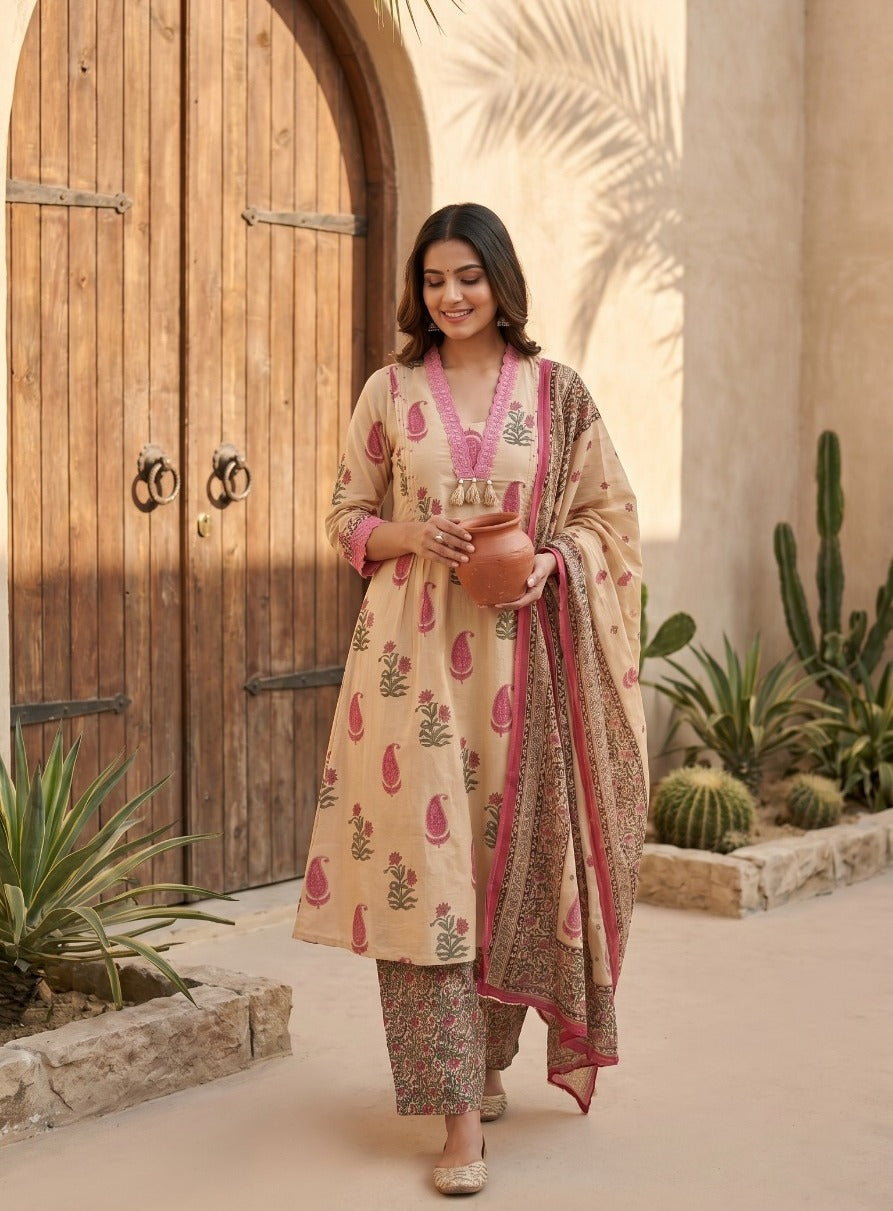 Printed Cotton With Katha And Sequence Work With Tessel And Schiffly