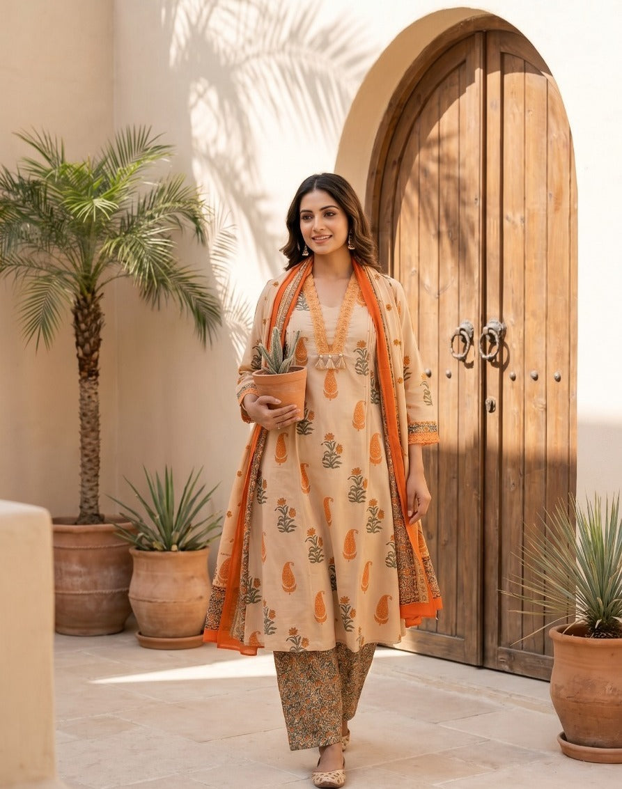 Printed Cotton With Katha And Sequence Work With Tessel Nd Schiffly