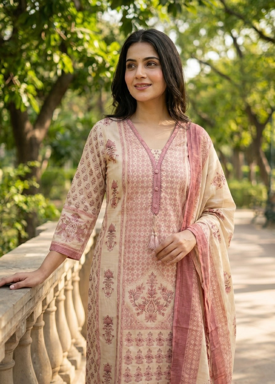 Printed Cotton Suit Set With Sequence And Embroidery Work