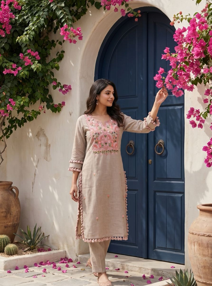 Viscose Linen Kurti Pant With Machine Embroidery And Tessel Work