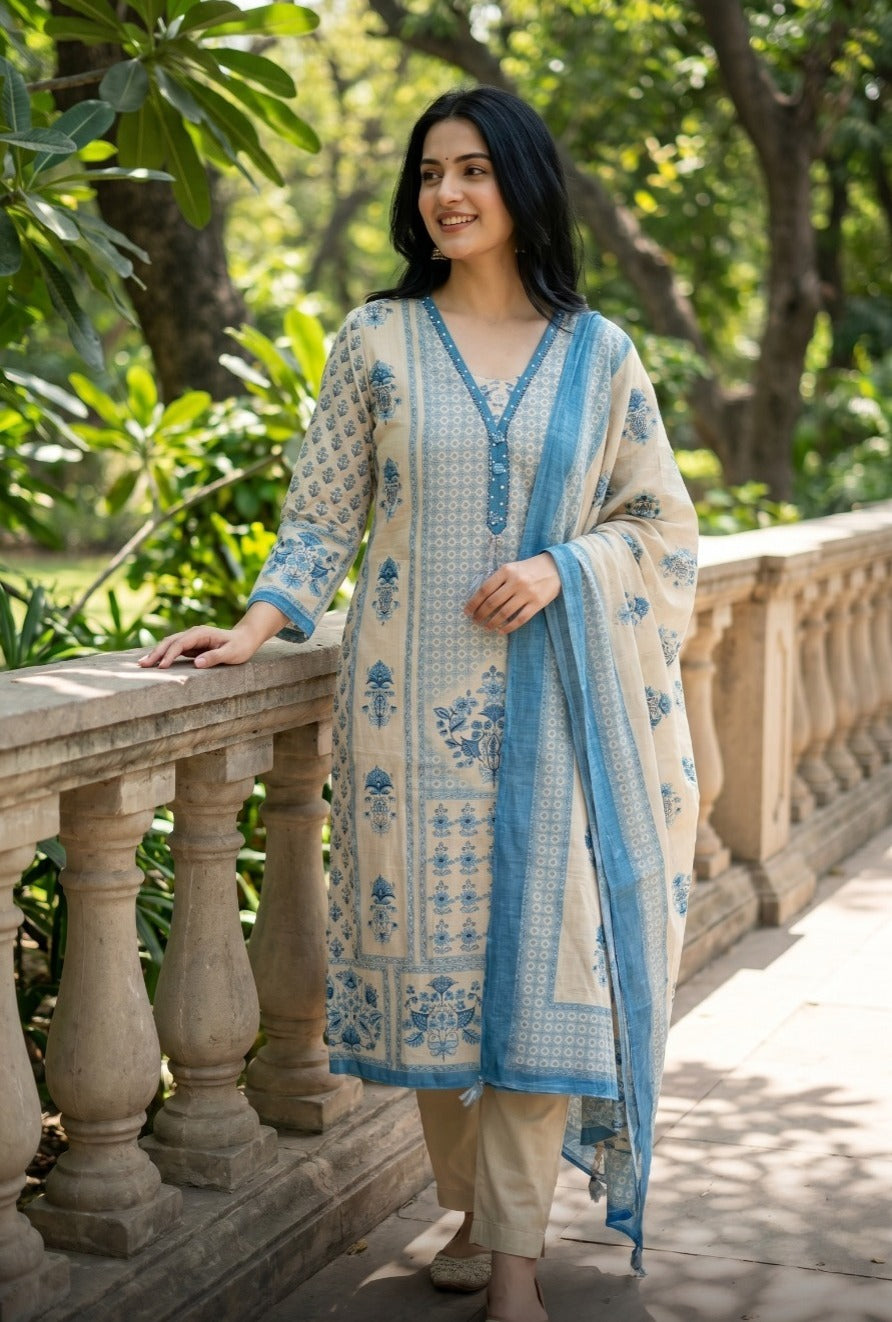 Printed Cotton Suit Set With Sequence And Embroidery Work