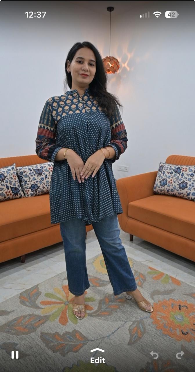 Muslin Ajrakh Print Top Blue