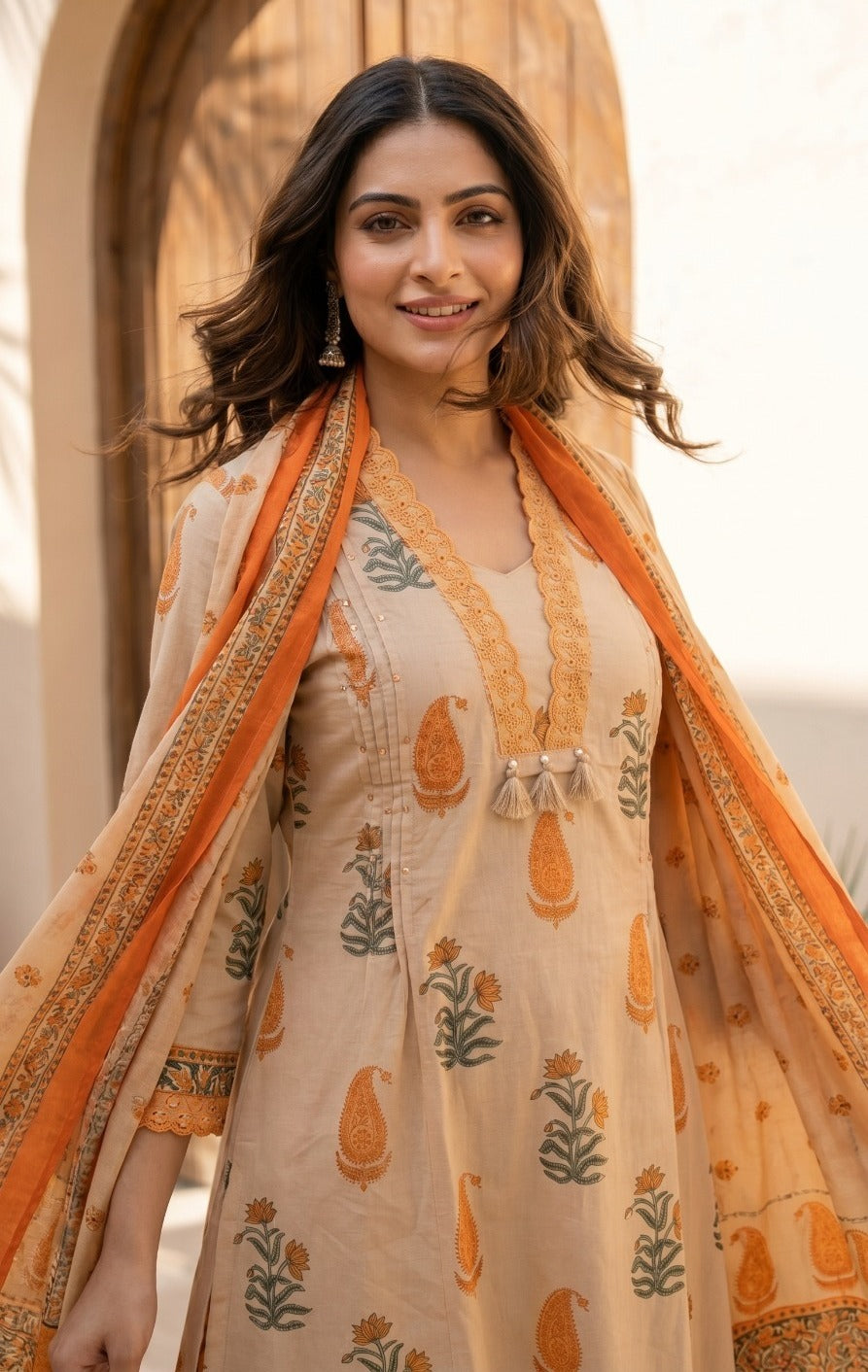 Printed Cotton With Katha And Sequence Work With Tessel Nd Schiffly