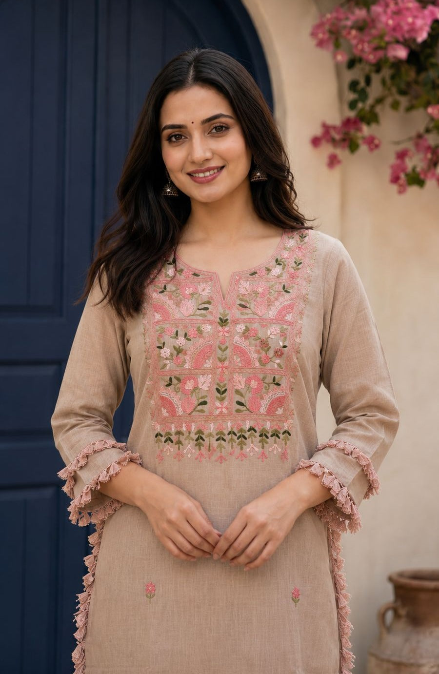 Viscose Linen Kurti Pant With Machine Embroidery And Tessel Work