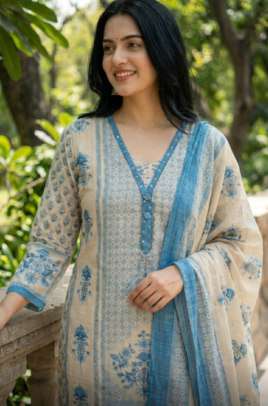 Printed Cotton Suit Set With Sequence And Embroidery Work