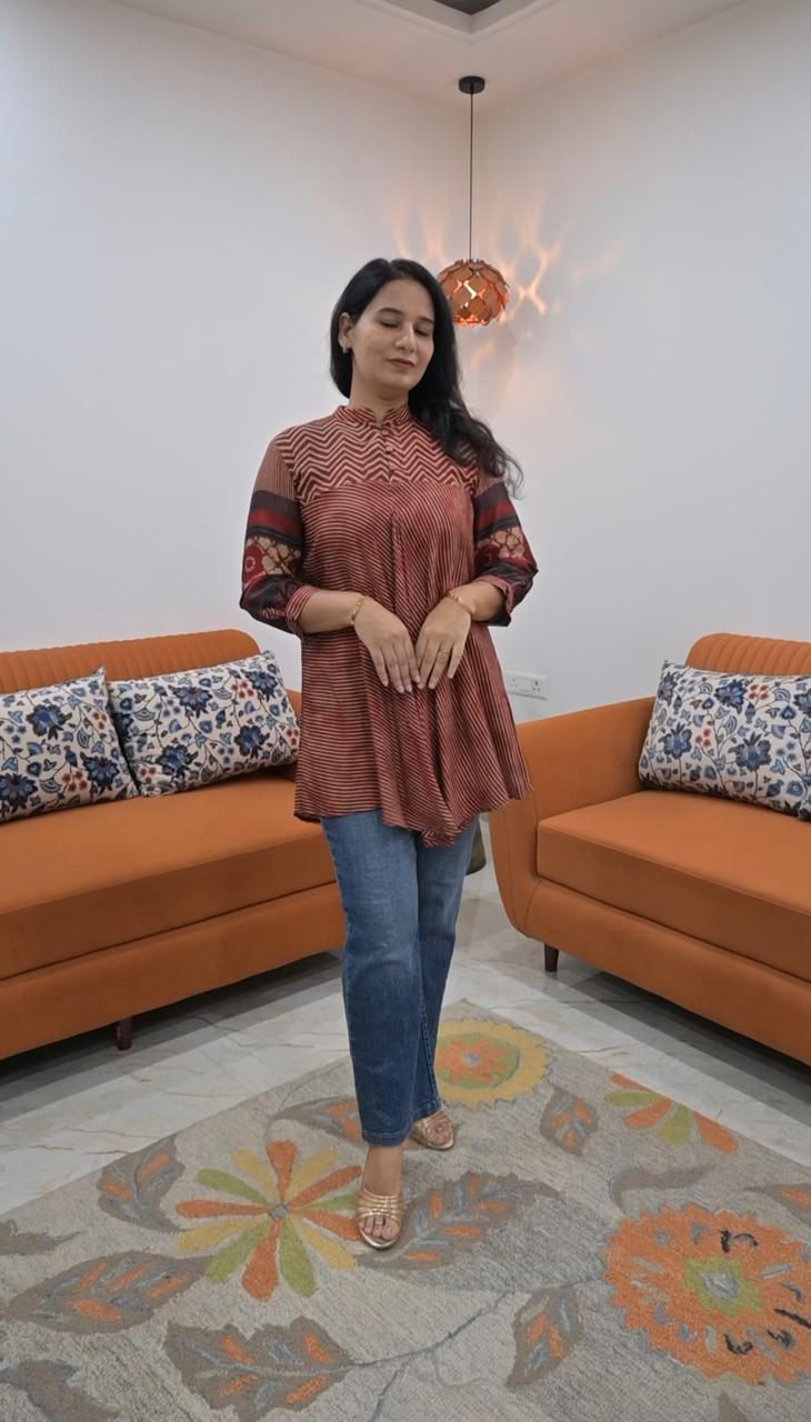 Muslin Ajrakh Print Tops Orange