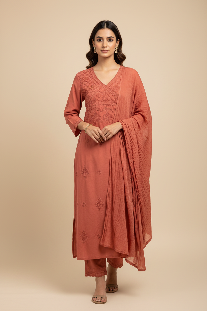 Coral Chikankari Kurta Set - Model Shot