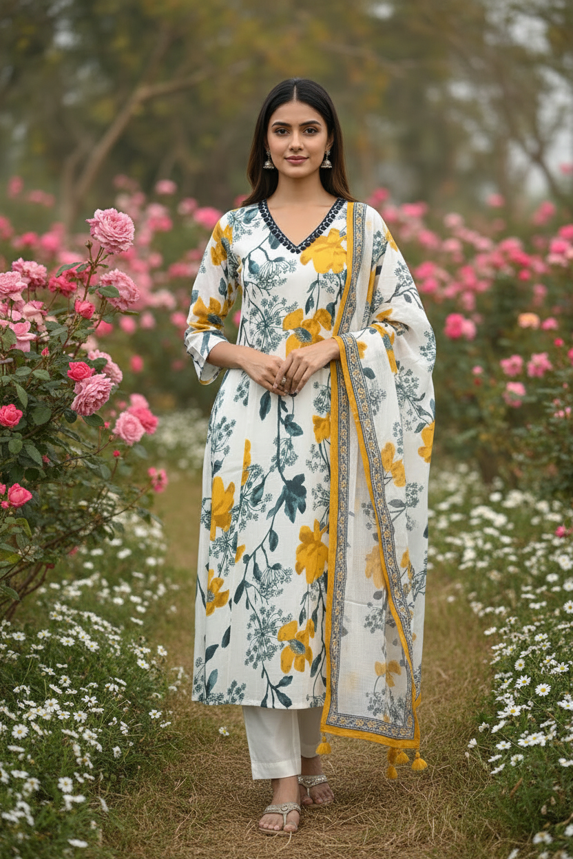 Floral A-Line Suit - Plain White Straight Pants
