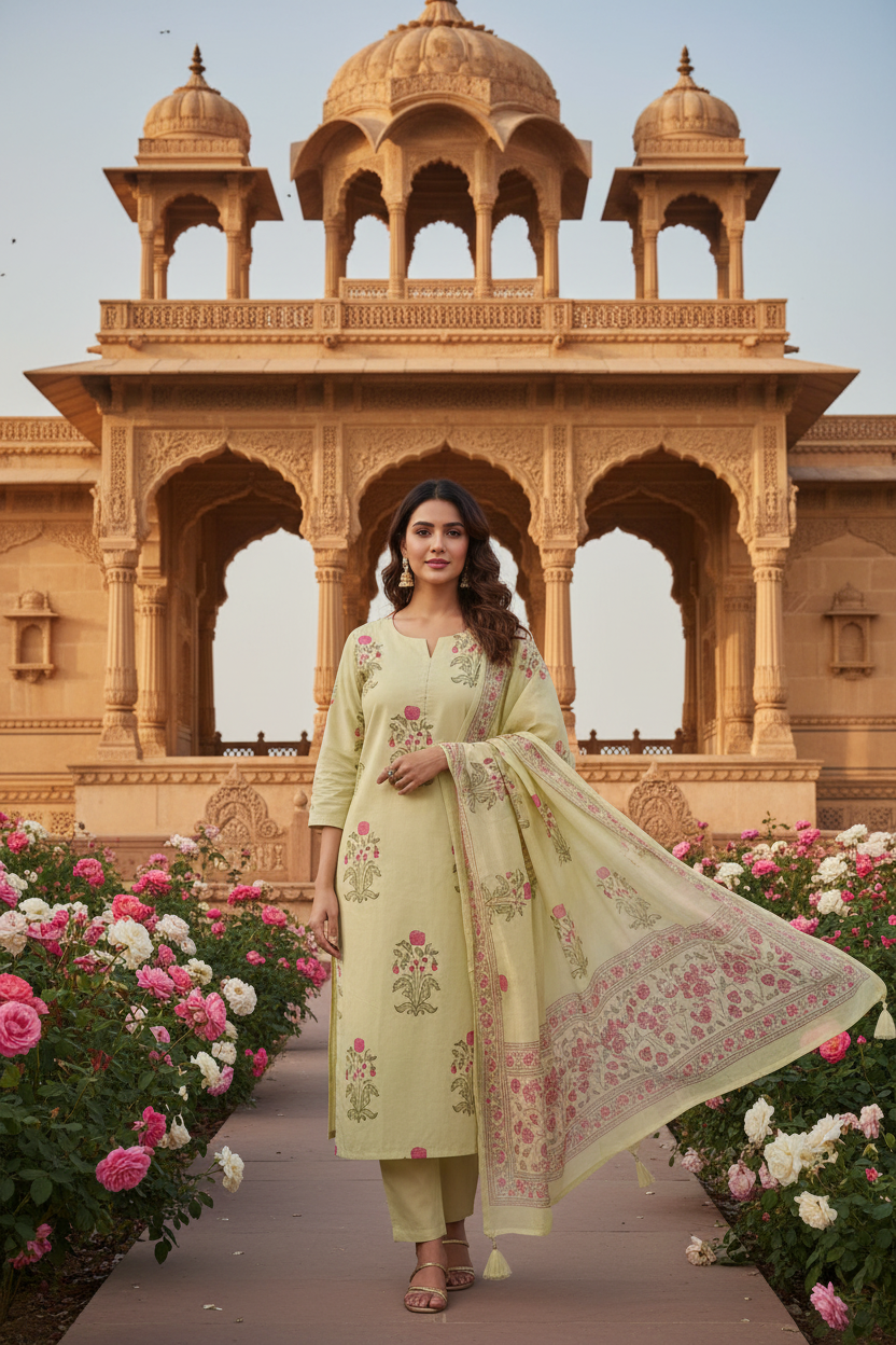 Green Block Print Suit - Heritage Setting