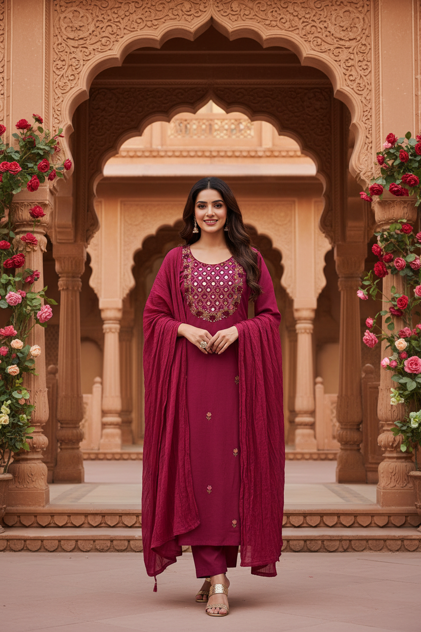 Model wearing rani pink mirror work flex cotton kurta set with dupatta in haveli courtyard