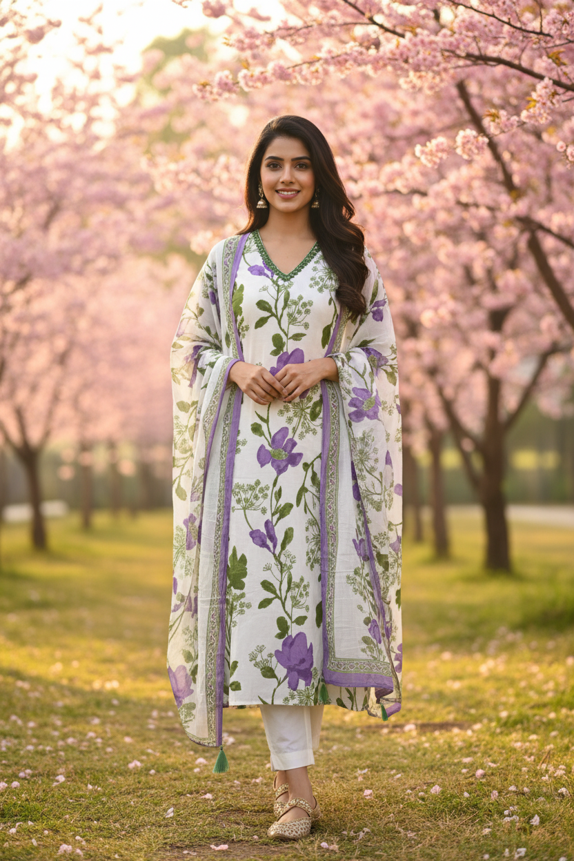 Model wearing white and purple floral print A-line cotton suit with plain white straight pants and dupatta