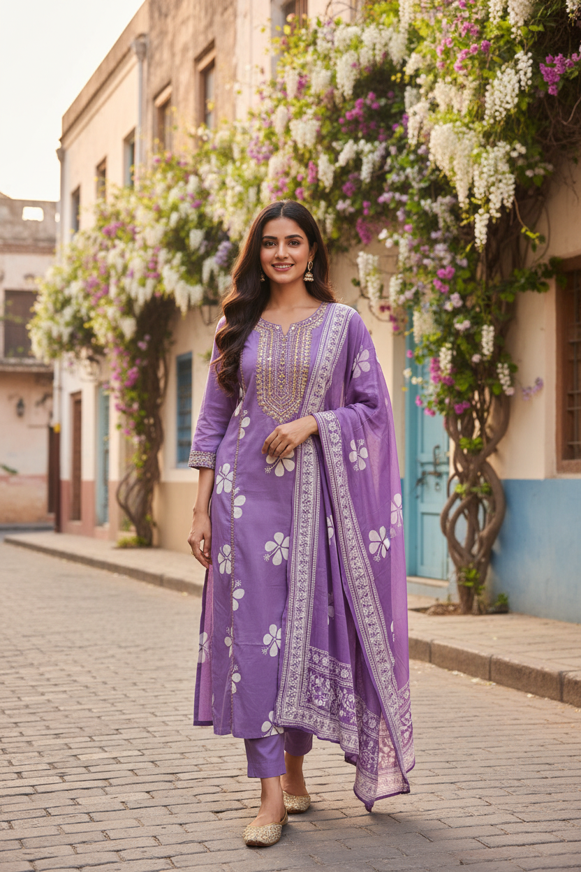 Model wearing lavender daisy print kurta set with dupatta on a floral street background