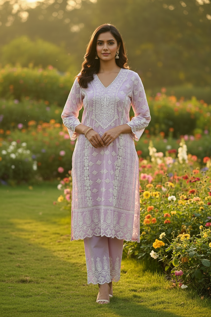 Lavender Chikankari - Longer Kurta