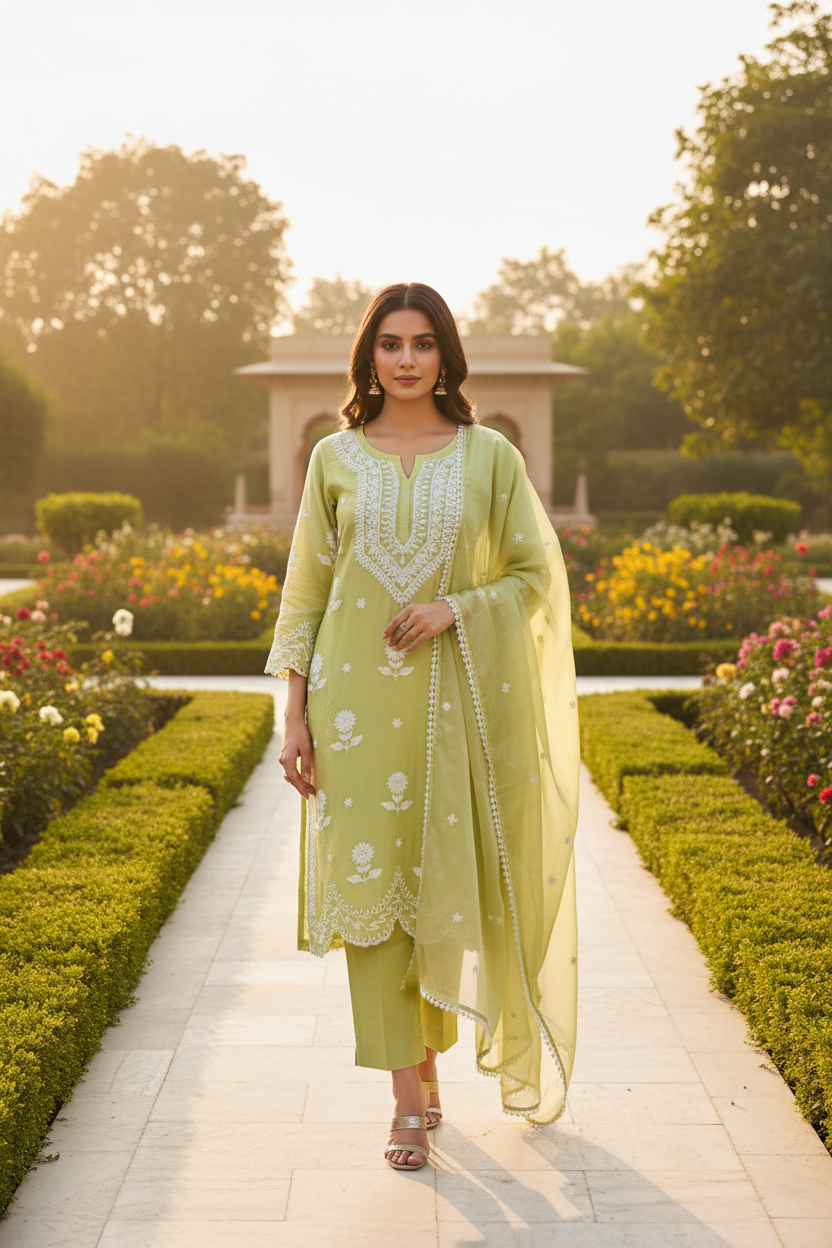 Lime Green Chikankari Suit - Outdoor Editorial