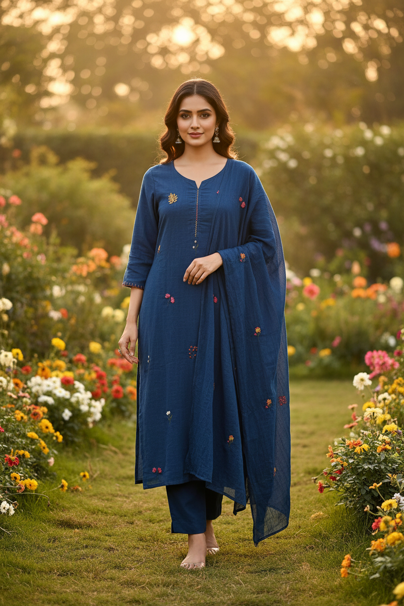Navy Blue Floral Suit - 3 Piece