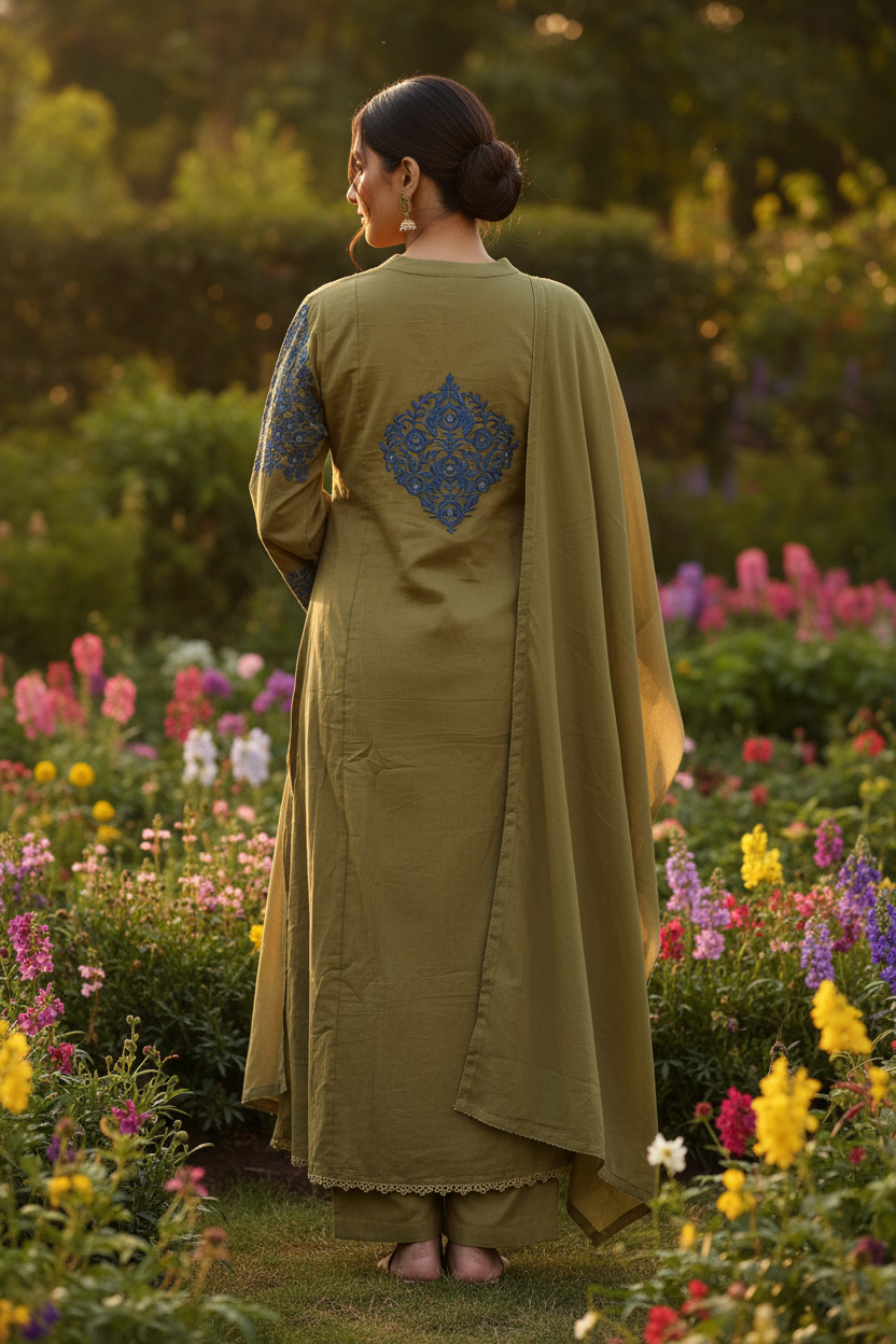 Olive Green Suit - Back Embroidery Shot