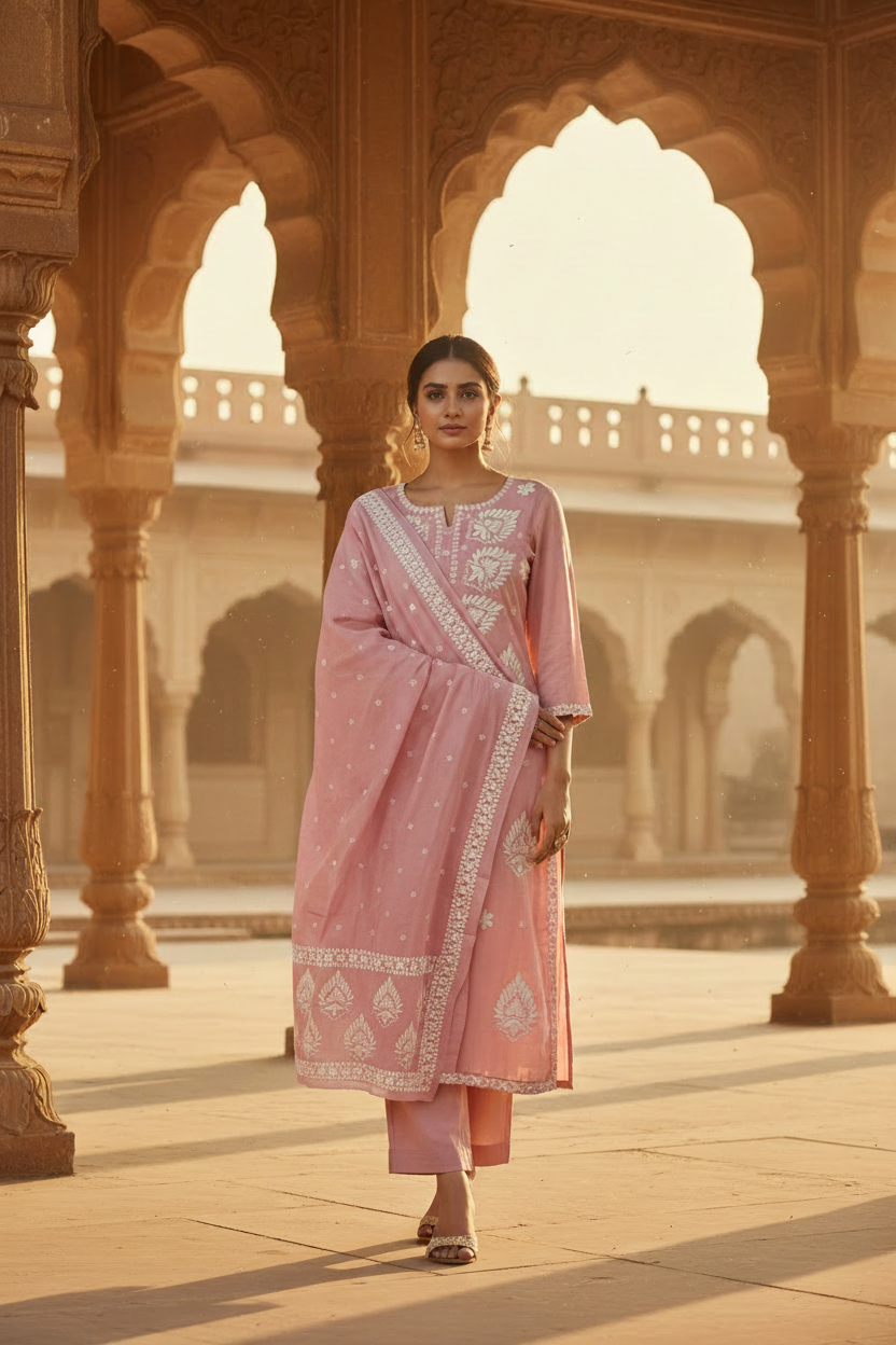 Pink Chikankari 3-Piece Suit with Dupatta