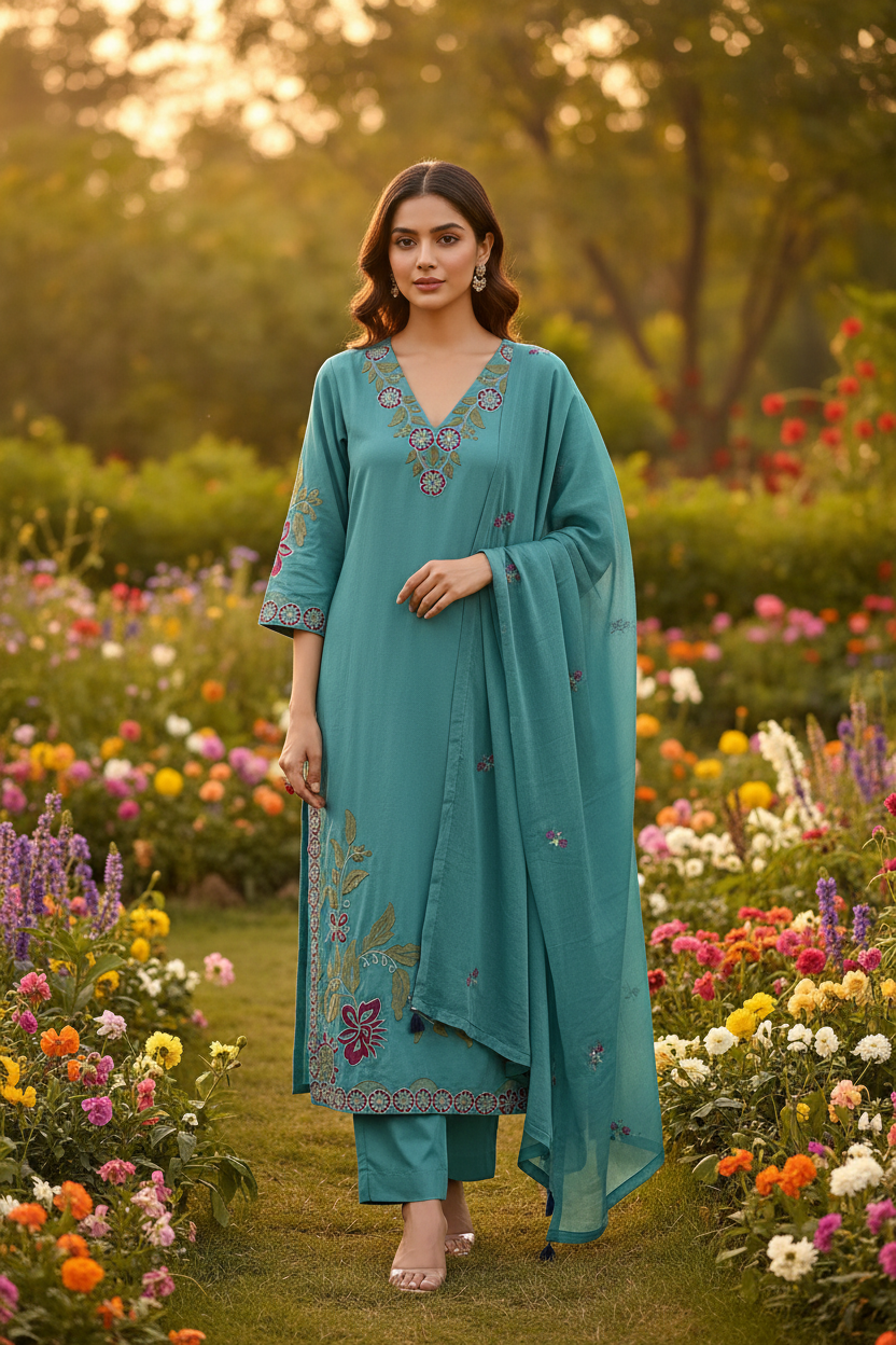 Teal Floral Embroidered Suit - Model Outdoor Shot