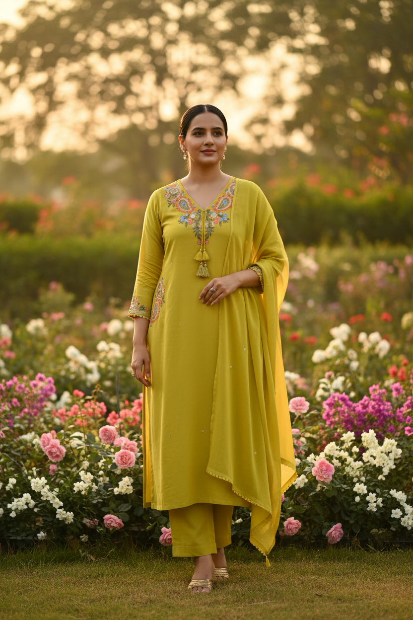 Yellow-Green Suit - Model Outdoor Shot